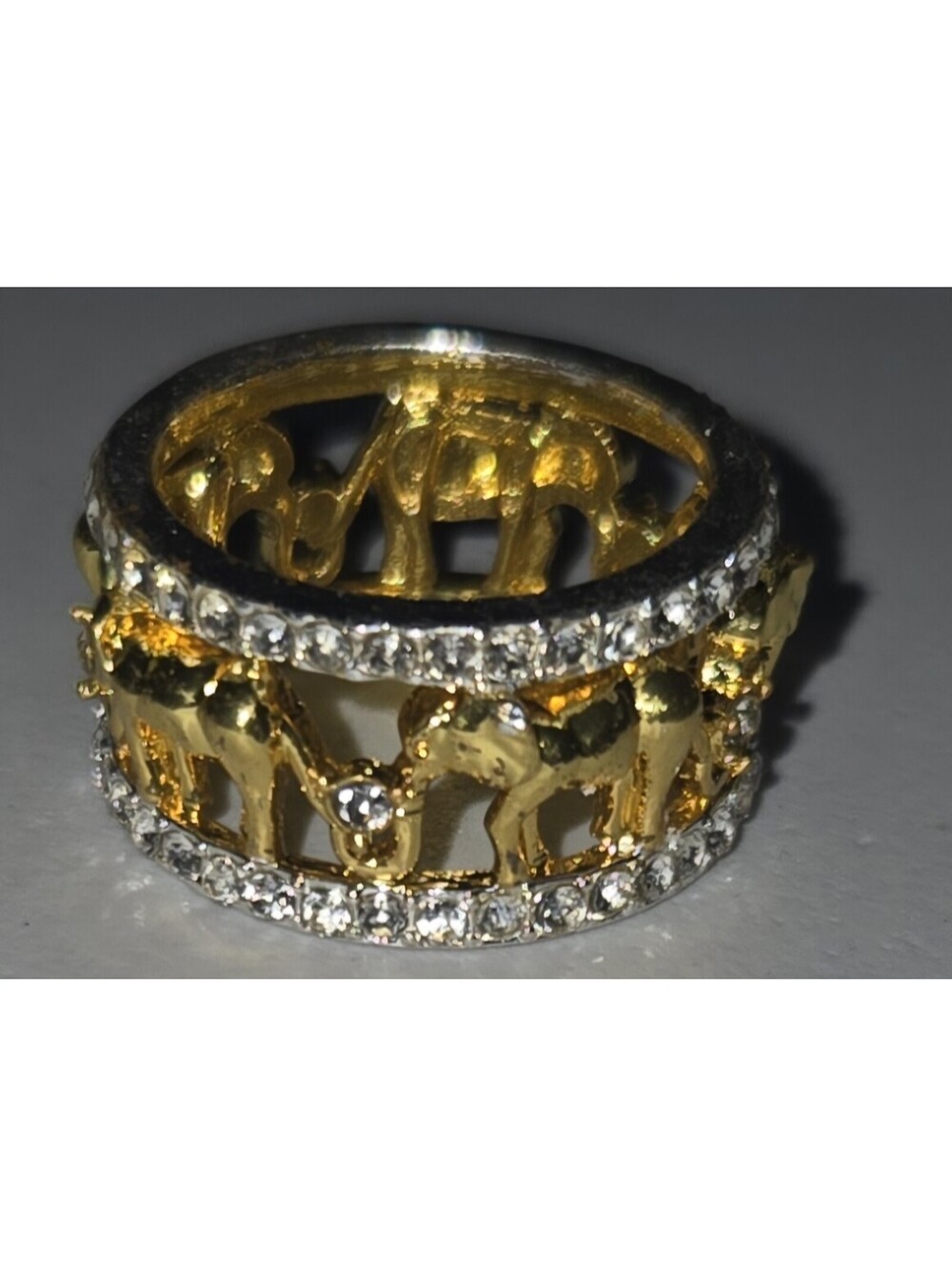 Created White Sapphire Elephant Eternity Ring 14k Yellow Gold Plated Two Tone